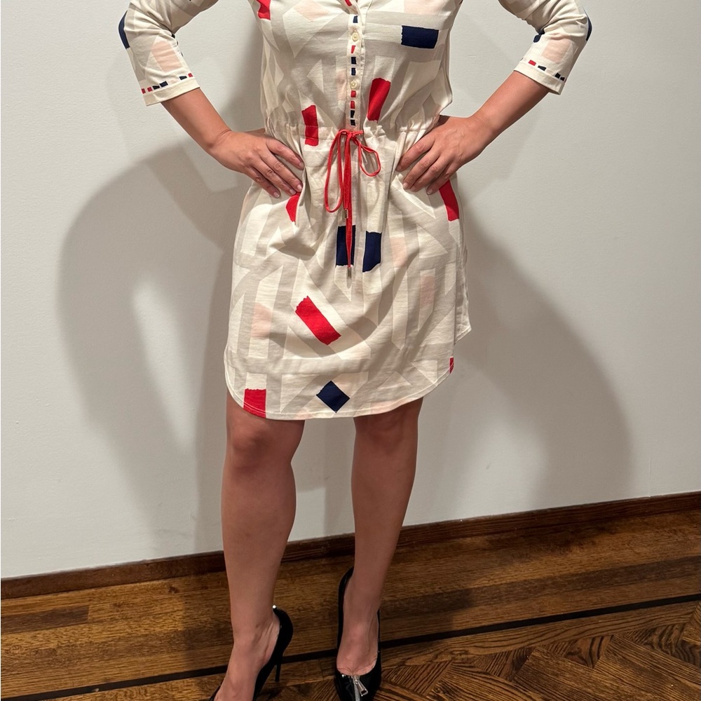 Tory Burch Cream and Red V-Neck 3/4 Sleeve Dress
